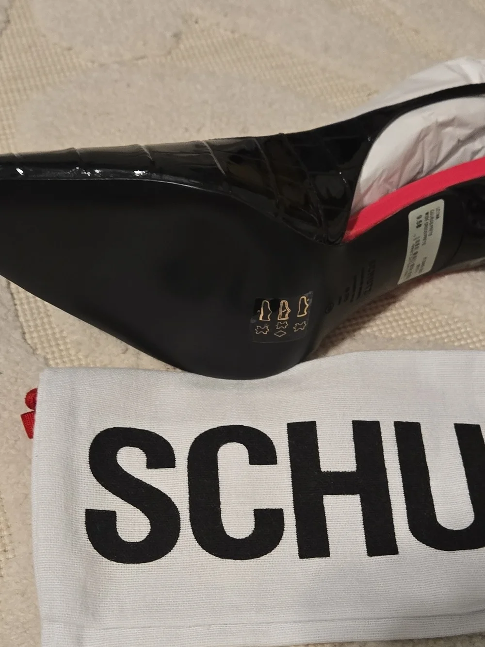 SCHUTZ Black Patent High Heel Sandals with Pink Accent